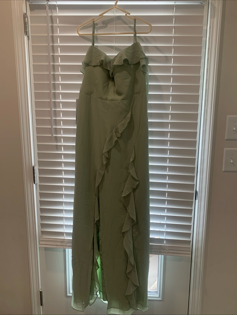 Azazie Barbie Light Sage Ruffled Maxi Dress Sz 10 NWT